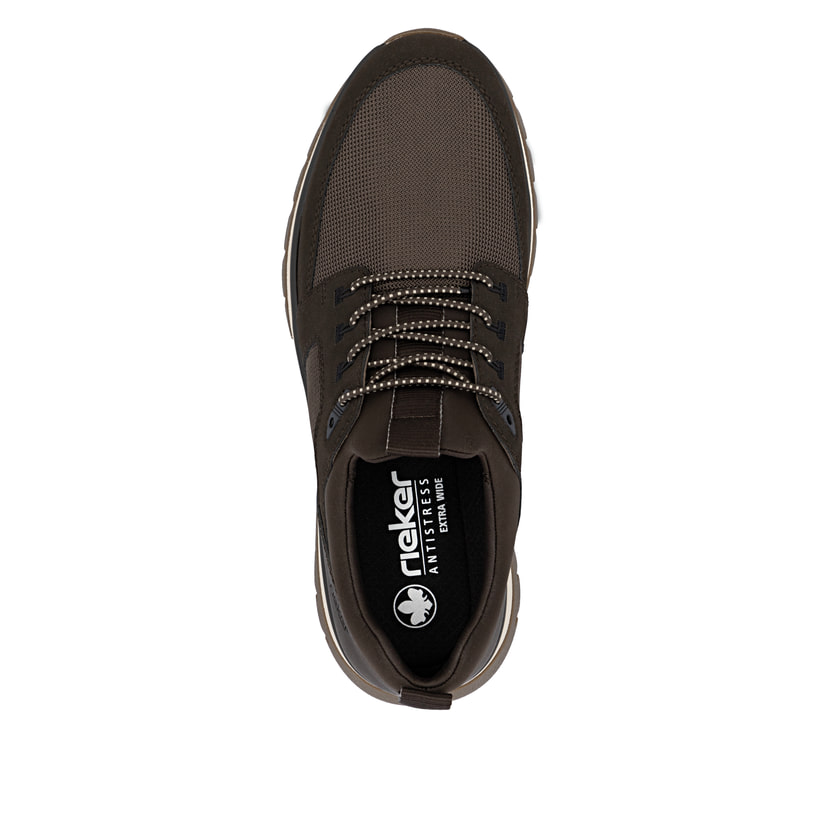 Braune Rieker Herren Slipper B9351-25 mit einem Gummizug sowie der Extraweite H. Schuh von oben.