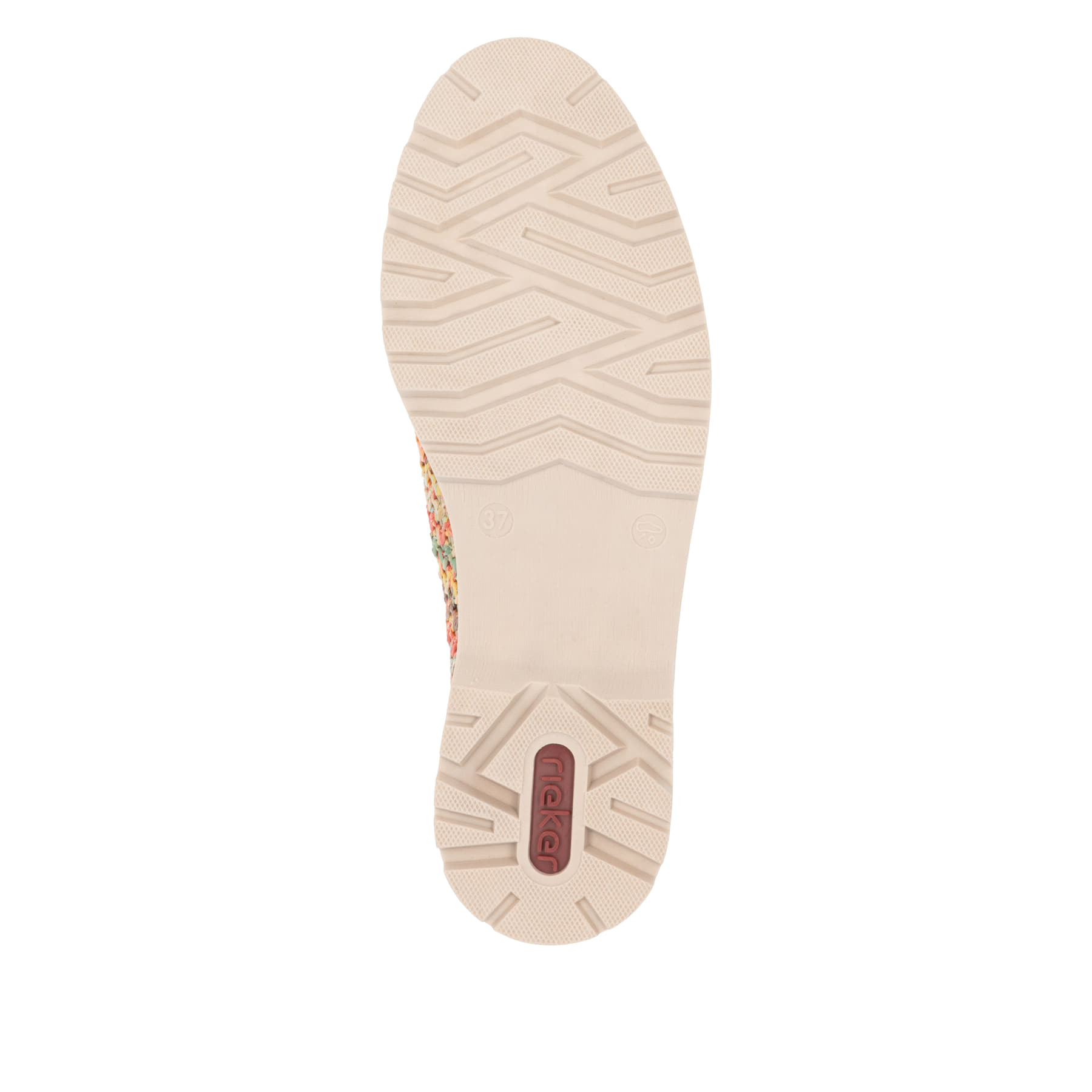 Mocassins Rieker multicolores pour femme 45562-90 avec bande élastique. Semelle extérieure de la chaussure.