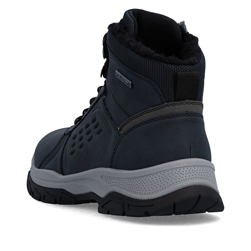 Dunkelblau-schwarze Rieker Herren Schnürstiefel 30201-14 mit Reißverschluss. Schuh von hinten.