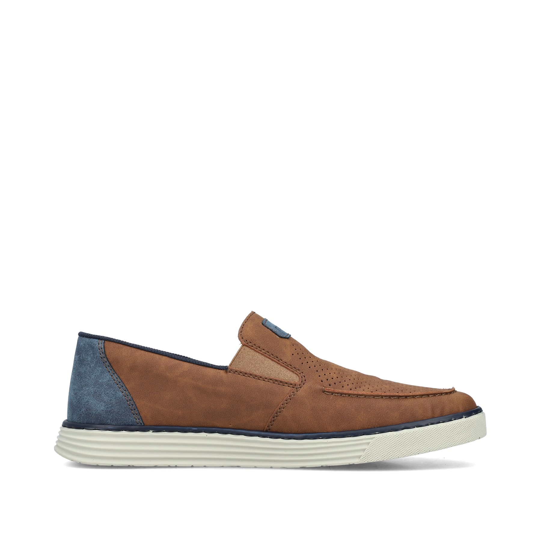 Mocassins Rieker marron pour hommes B2264-24 avec couture moderne au cou-de-dessus et élastique. Côté intérieur de la chaussure.