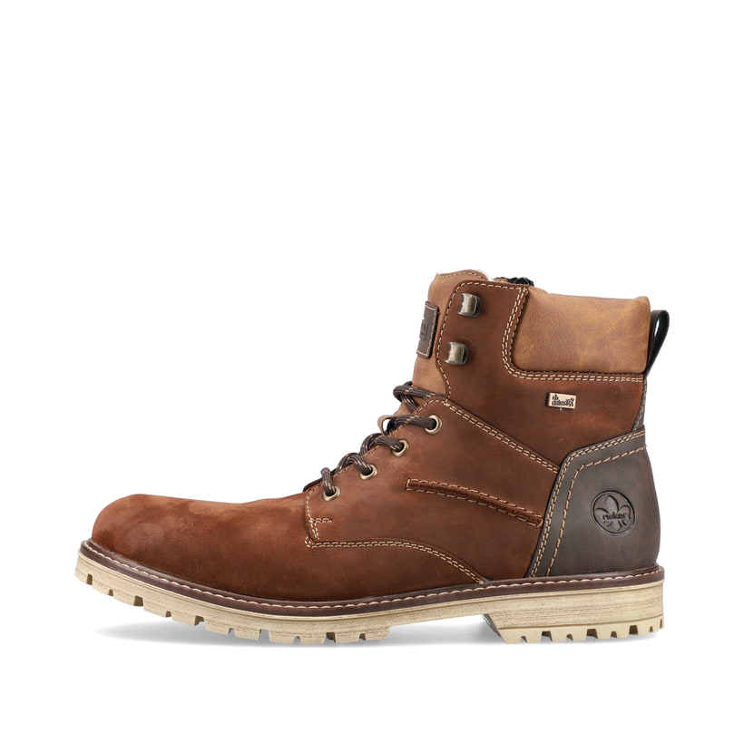 
Nougatbraune Rieker Herren Schnürstiefel F3613-22 mit einer robusten Profilsohle. Schuh Außenseite