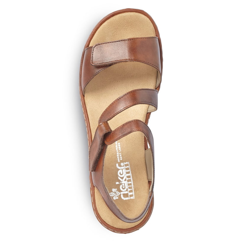 Braune Rieker Damen Riemchensandalen 659C7-24 aus Glattleder mit Klettverschluss. Schuh von oben.