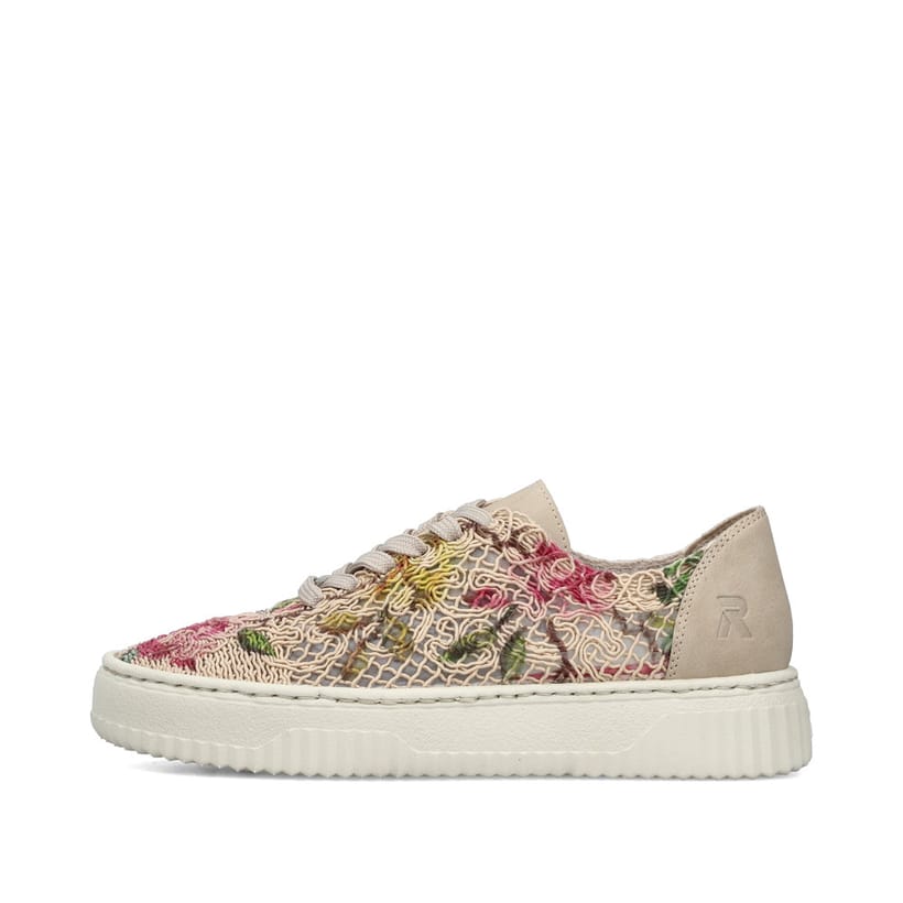 Mehrfarbige vegane Rieker Damen Sneaker Low N9919-91 mit floralem Muster. Schuh Außenseite.
