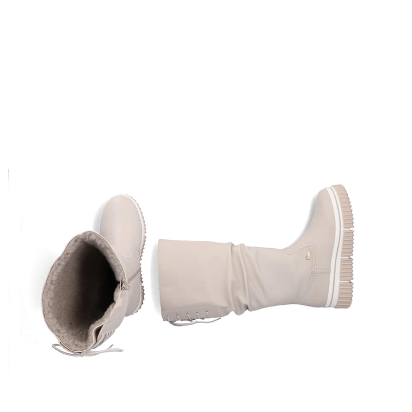 Cremefarbene Rieker Damen Hochschaftstiefel Y6370-60 mit gerafftem Schaft. Schuh von oben, liegend.