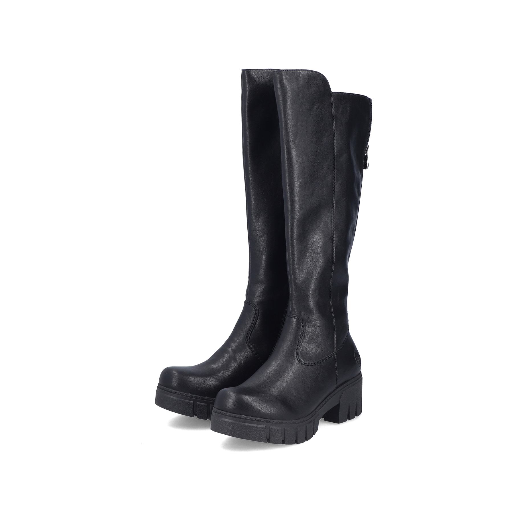 Schwarze Rieker Damen Hochschaftstiefel 74597-00 mit einem Reißverschluss. Schuhpaar seitlich schräg.