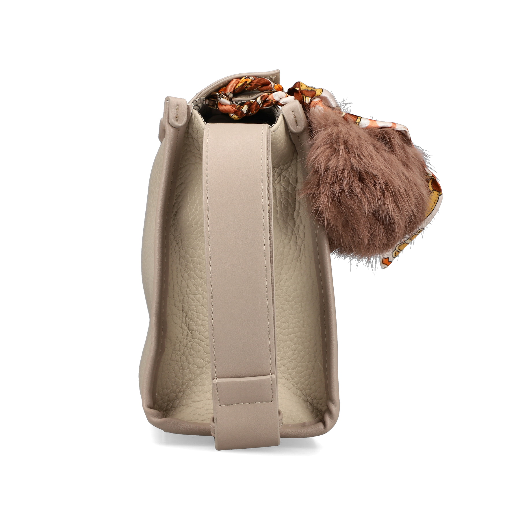 Rieker Handtasche H1656-60 in Beige mit Puschel an der Seite, Reißverschluss und Handyfach. Rechtsseitig.