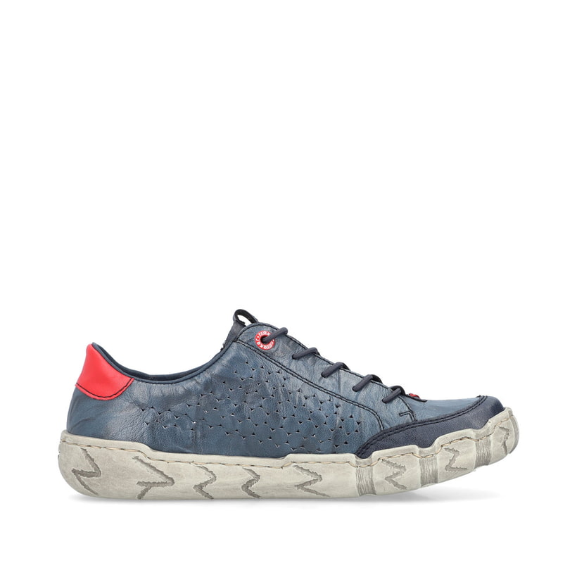 Mocassins Rieker bleus femme L0357-12 avec coutures modernes élégantes. Côté intérieur de la chaussure.