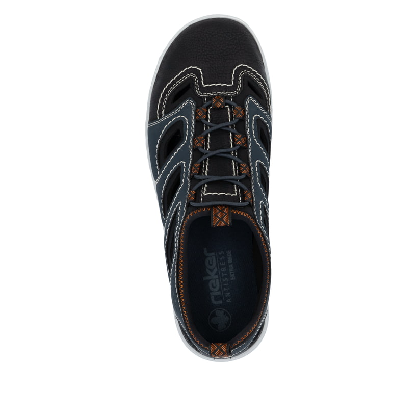 Blaue Rieker Herren Slipper 08665-14 mit einem Gummizug sowie der Extraweite H. Schuh von oben.
