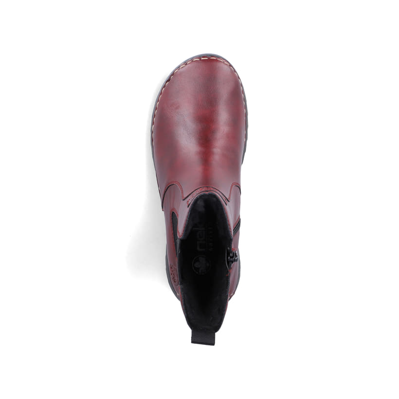 Weinrote Rieker Damen Chelsea Boots 51560-35 mit einem Reißverschluss. Schuh von oben.