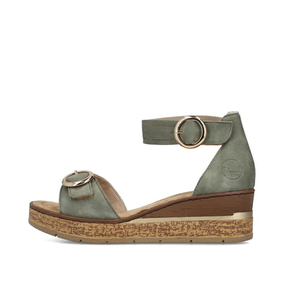 Grüne Rieker Keilsandaletten 63780-52 mit trendigen Schnalle. Schuh Außenseite.