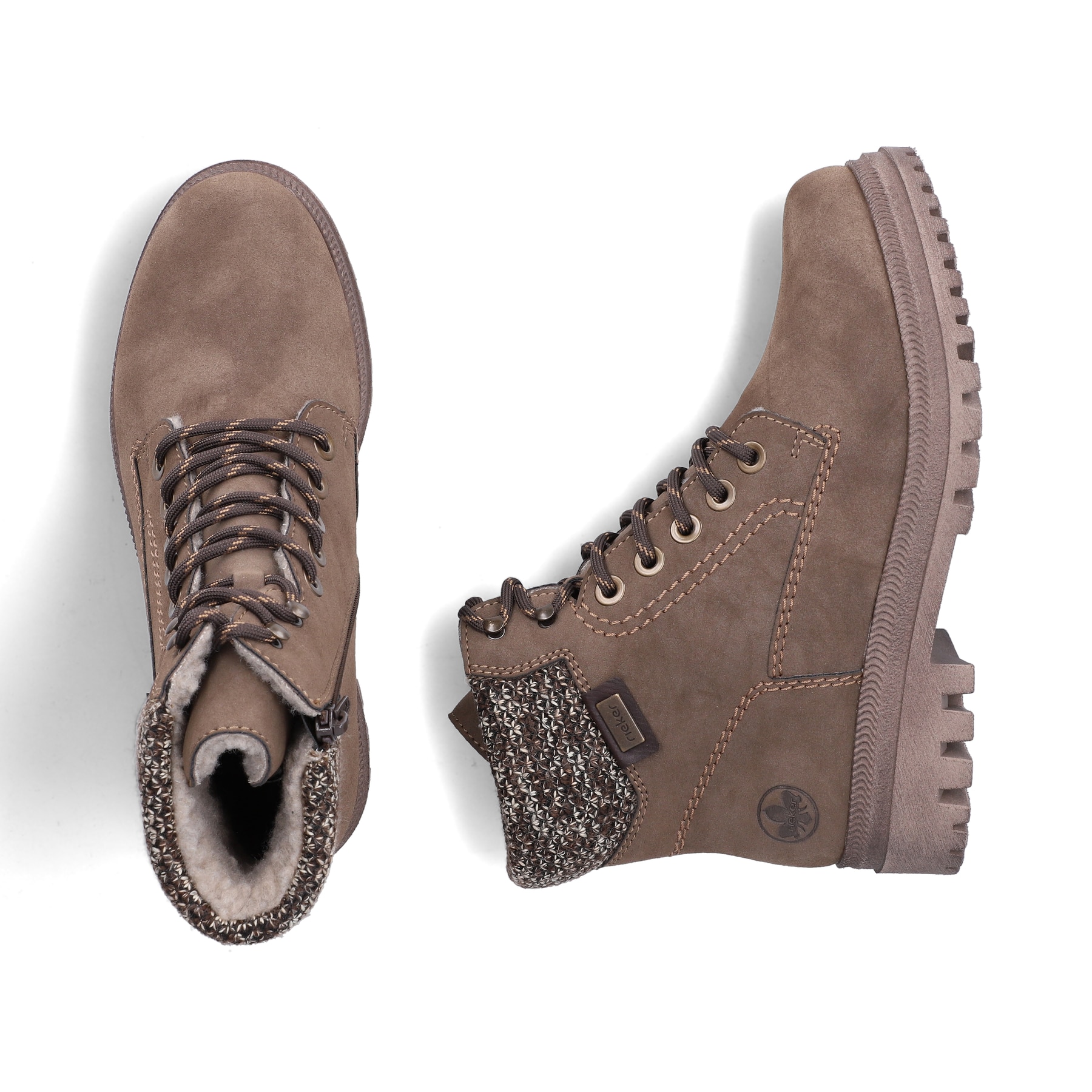 Braune Rieker Damen Schnürstiefel Y7621-25 mit Strick-Kragen. Schuh von oben, liegend.