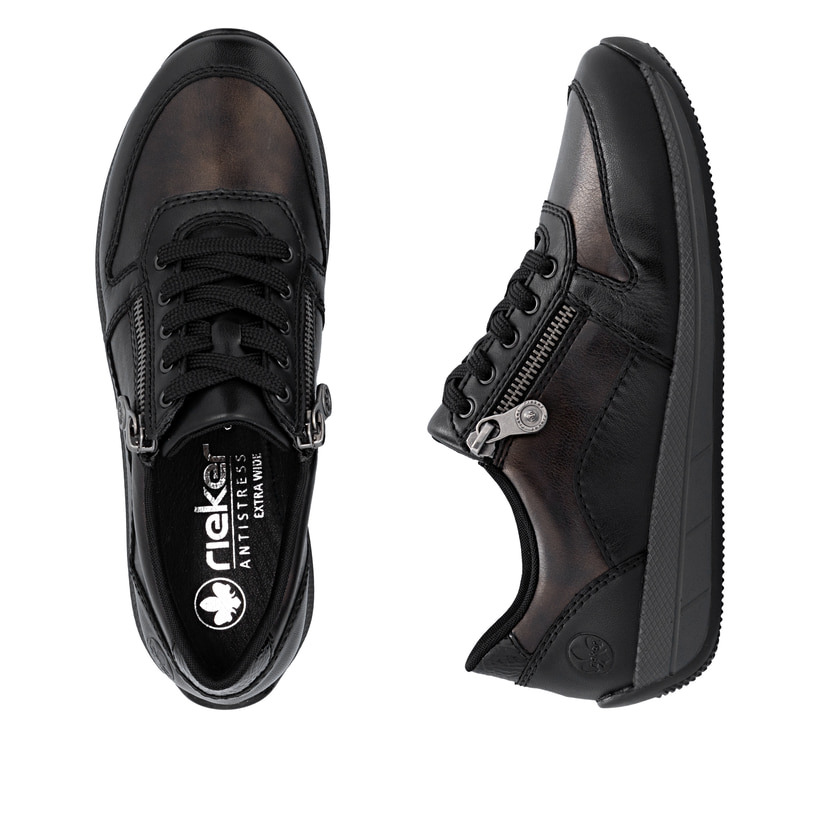 Baskets basses Rieker marron pour femme N1100-25 en cuir lisse. Chaussure vue de dessus, couchée.