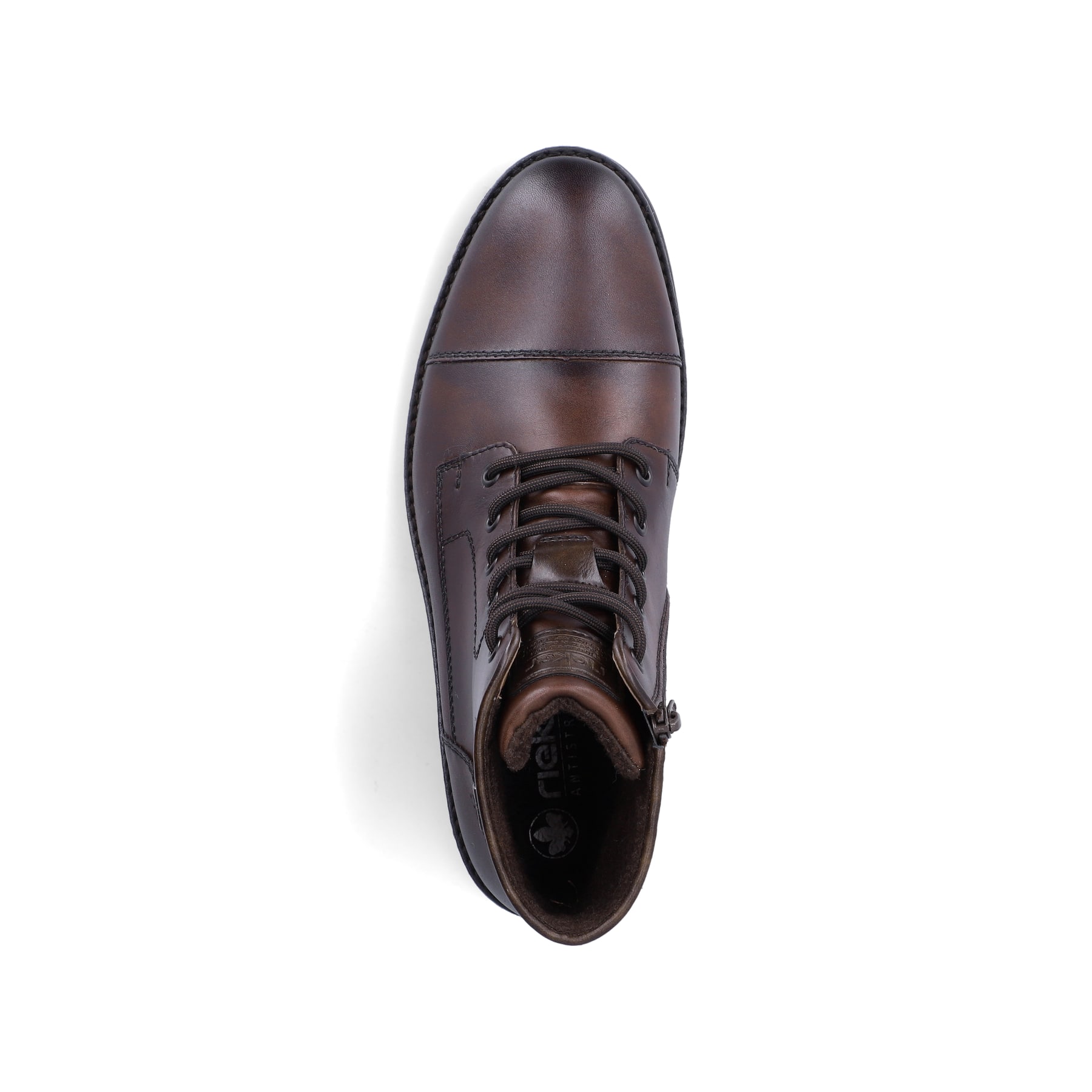 Dunkelbraune Rieker Herren Schnürstiefel F4546-25 aus Glattleder. Schuh von oben.