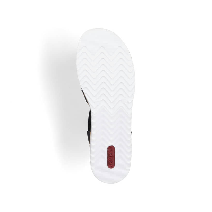 Schwarze Rieker Keilsandaletten V0652-00 mit Schmuckelementen sowie Gummizug. Schuh Laufsohle.