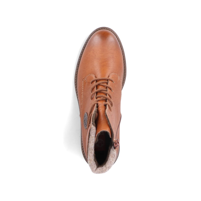 Braune Rieker Damen Schnürstiefel 71440-25 mit rundem Logo sowie Reißverschluss. Schuh von oben.