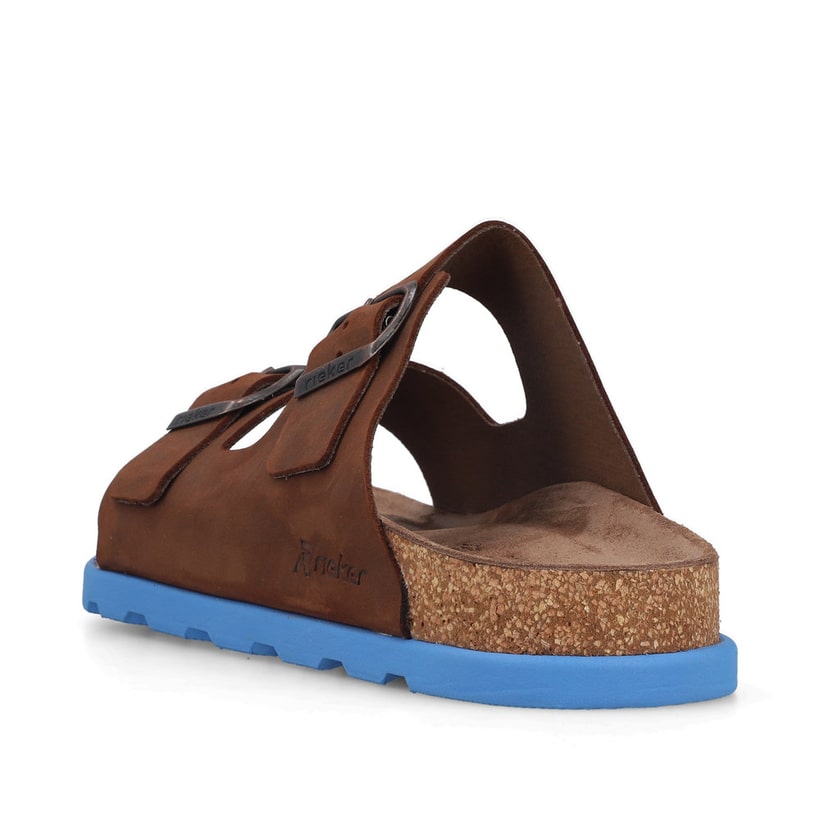 Braune Rieker Herren Pantoletten 21190-28 aus Rauleder mit farbiger Sohle. Schuh von hinten.