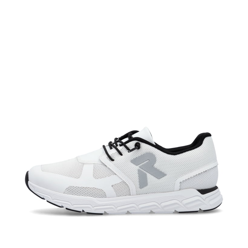 Weiße Rieker Damen Sneaker Low M9000-80 mit Gummischnürung sowie flexibler Sohle. Schuh Außenseite.