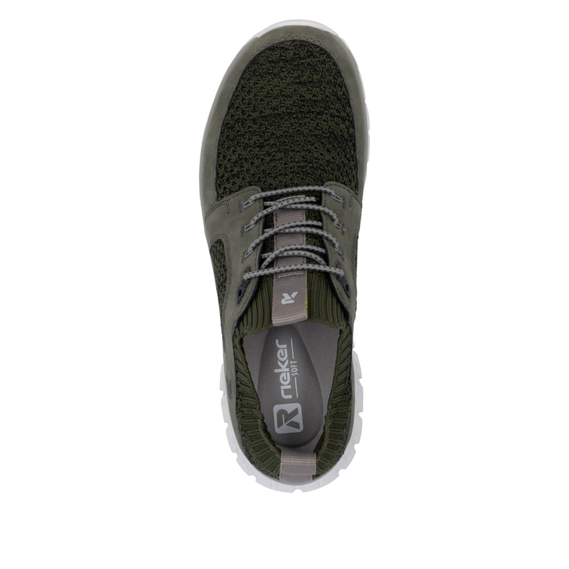 Grüne Rieker Herren Sneaker Low 04351-54 mit Gummizug sowie flexibler Sohle. Schuh von oben.
