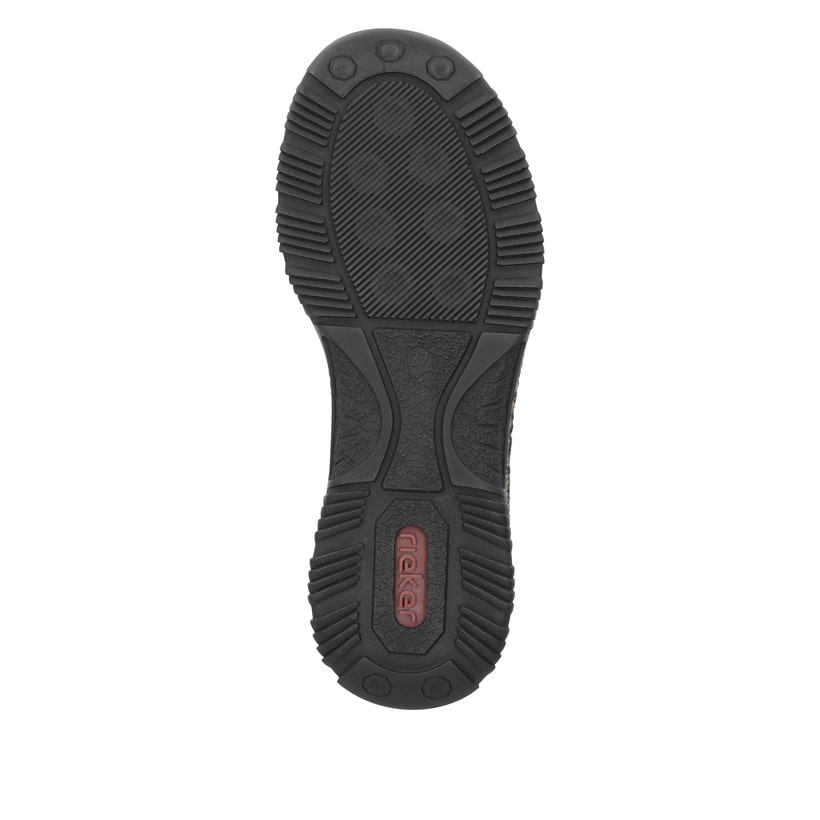 Schwarze Rieker Damen Slipper N3267-01 mit easy Hineinschlüpf-Möglichkeit. Schuh Laufsohle.
