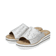 Silberne Rieker Damen Pantoletten V0290-90 mit einem Klettverschluss. Schuhpaar seitlich schräg.