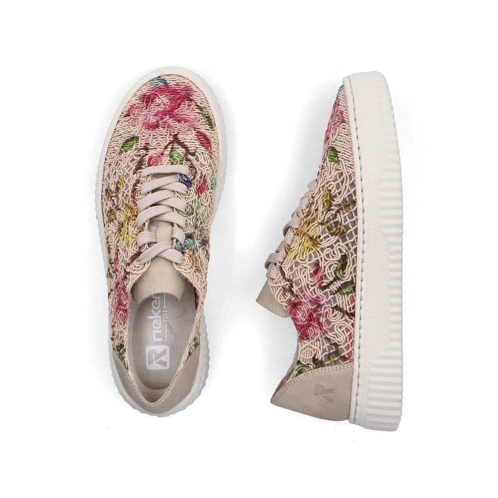 Mehrfarbige vegane Rieker Damen Sneaker Low N9919-91 mit floralem Muster. Schuh von oben, liegend.