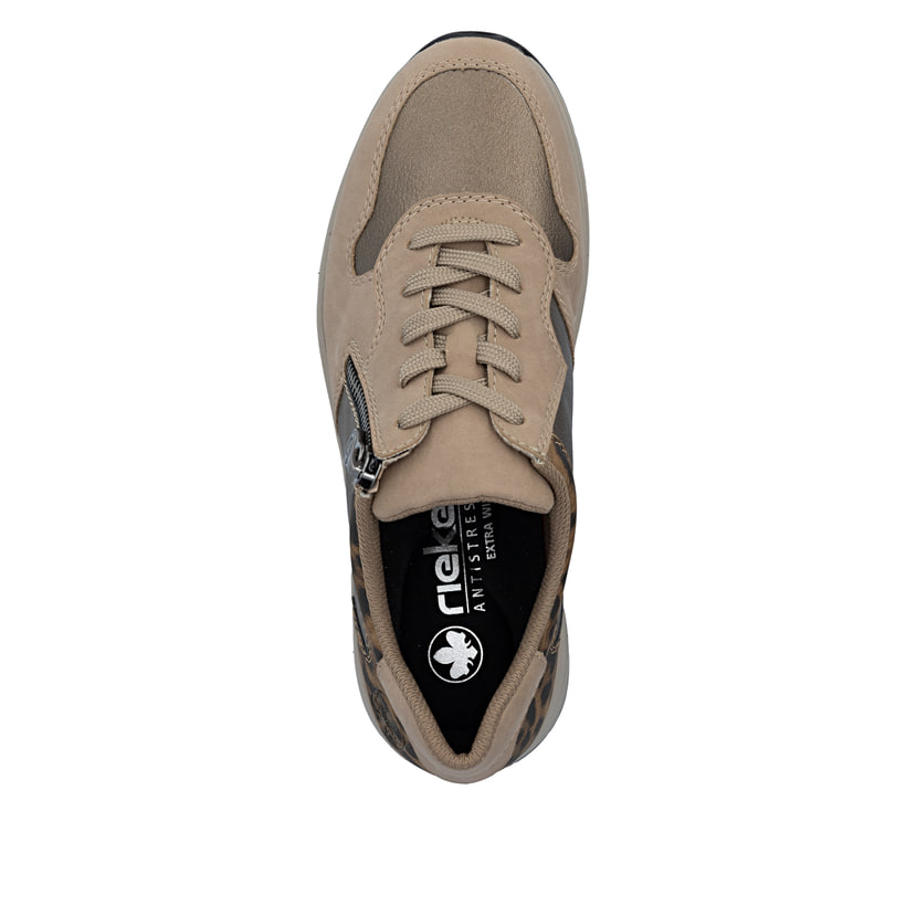Baskets basses Rieker beiges pour femme N9503-20 avec imprimé léopard. Semelle extérieure de la chaussure.