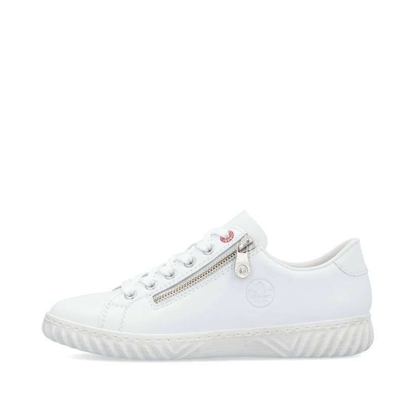 Baskets basses Rieker blanches pour femme N0900-81 en cuir lisse. Côté extérieur de la chaussure.