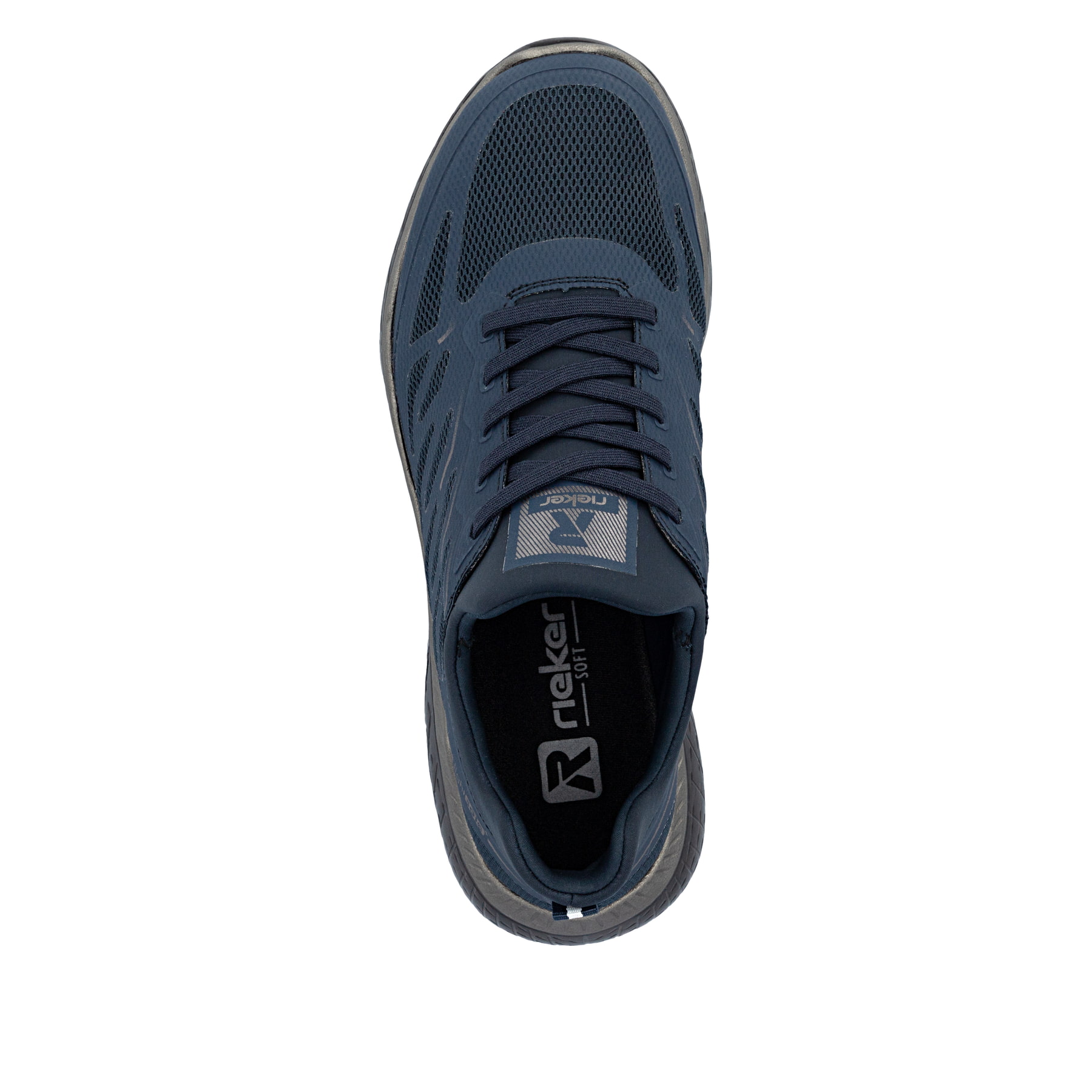 Vegane, dunkelblaue Rieker Damen Slipper M5080-14 mit einem Gummizug. Schuh von oben.
