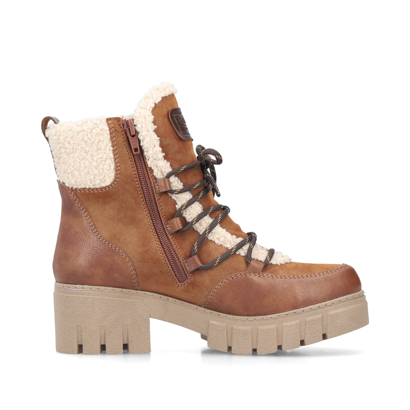 Vegane, braun-beige Rieker Damen Kurzstiefel 74574-24 mit einem Reißverschluss. Schuh Innenseite.