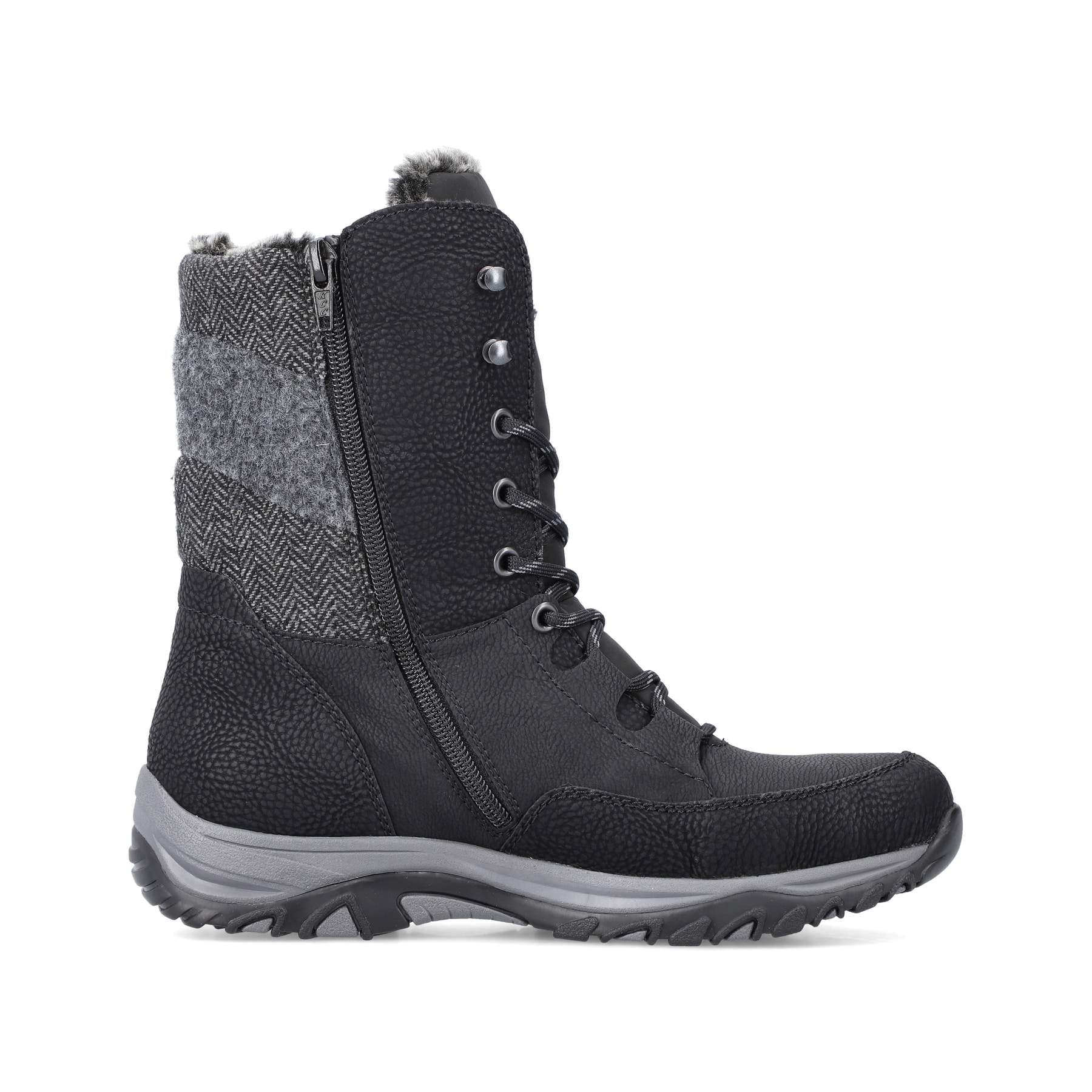 Tiefschwarze Rieker Damen Schnürstiefel M9643-01 mit Schnürung und Reißverschluss. Schuh von hinten