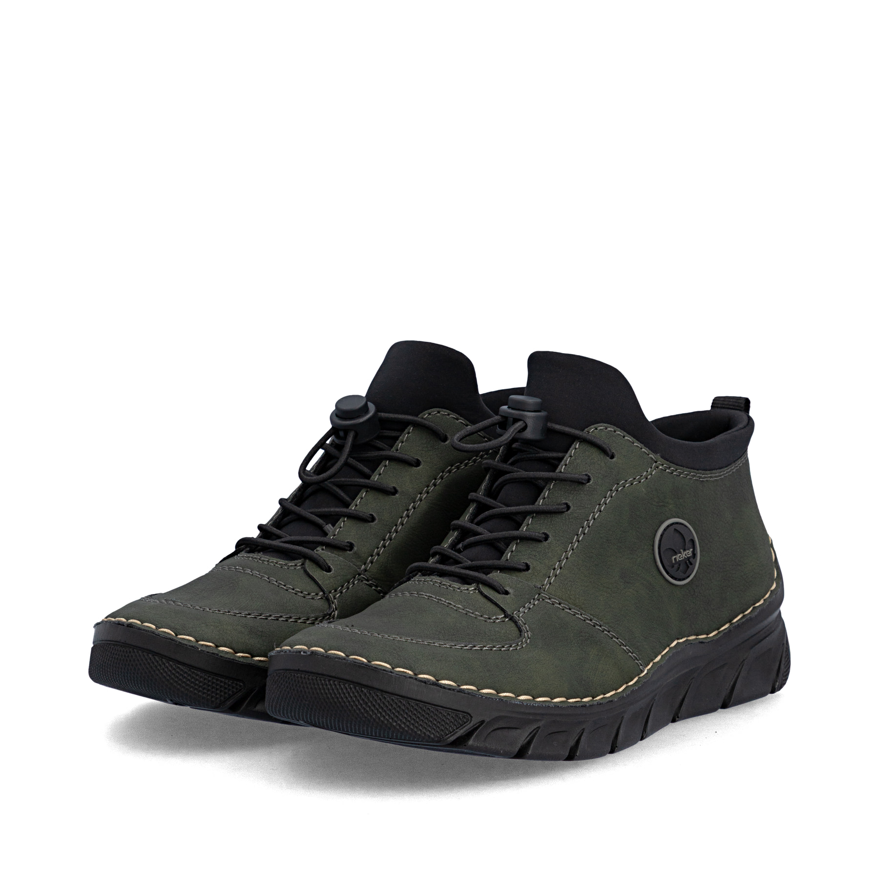 Dunkelgrün-schwarze Rieker Damen Kurzstiefel 55071-54 mit einem Reißverschluss. Schuhpaar seitlich schräg.