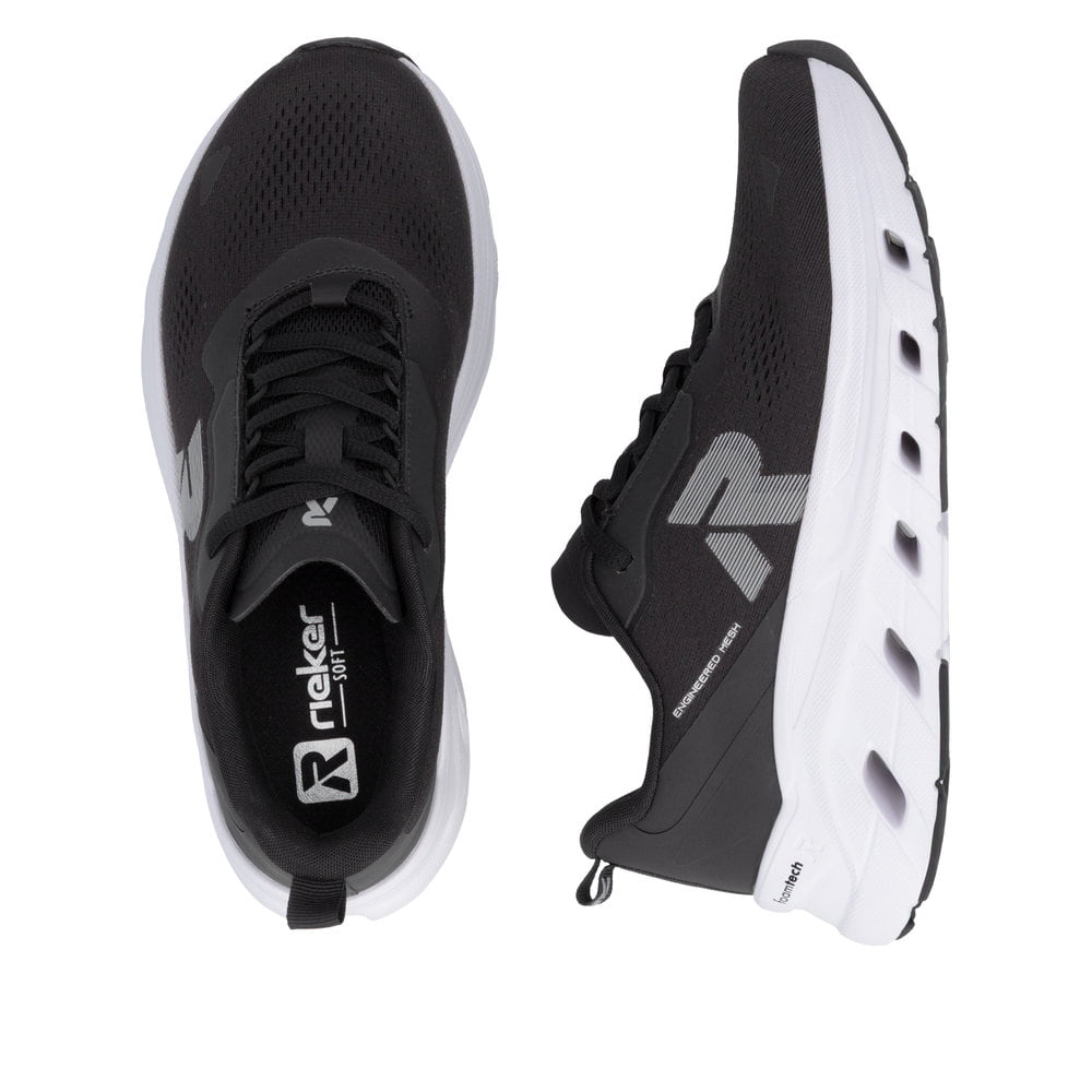 Schwarze Rieker Damen Sneaker Low W3505-00 mit Schnürung sowie abgesetztem Logo. Schuh von oben, liegend.