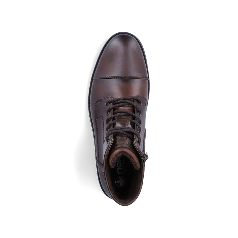 Dunkelbraune Rieker Herren Schnürstiefel F4546-25 aus Glattleder. Schuh von oben.