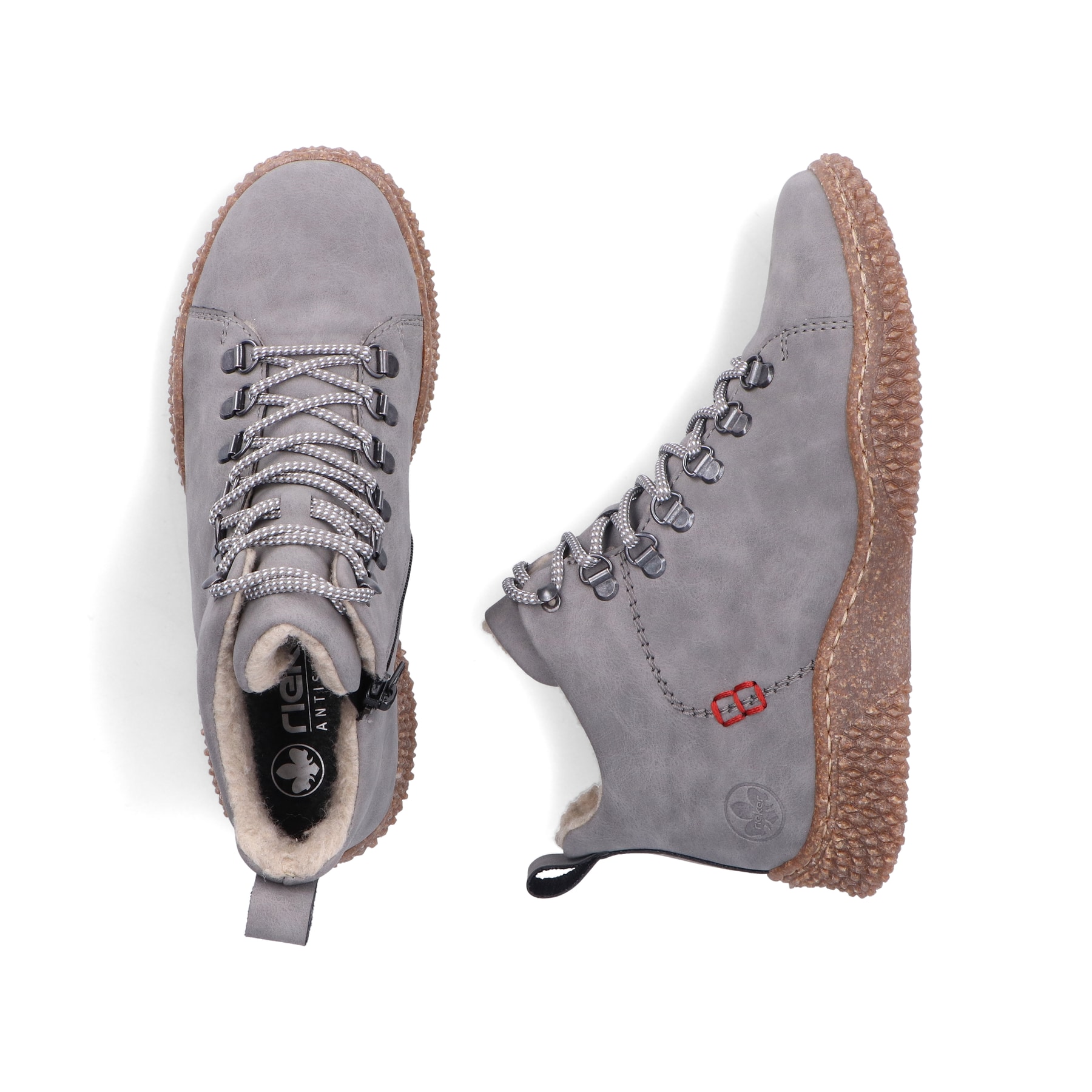 Hellgraue Rieker Damen Schnürstiefel Y8414-42 mit einem Reißverschluss. Schuh von oben, liegend.