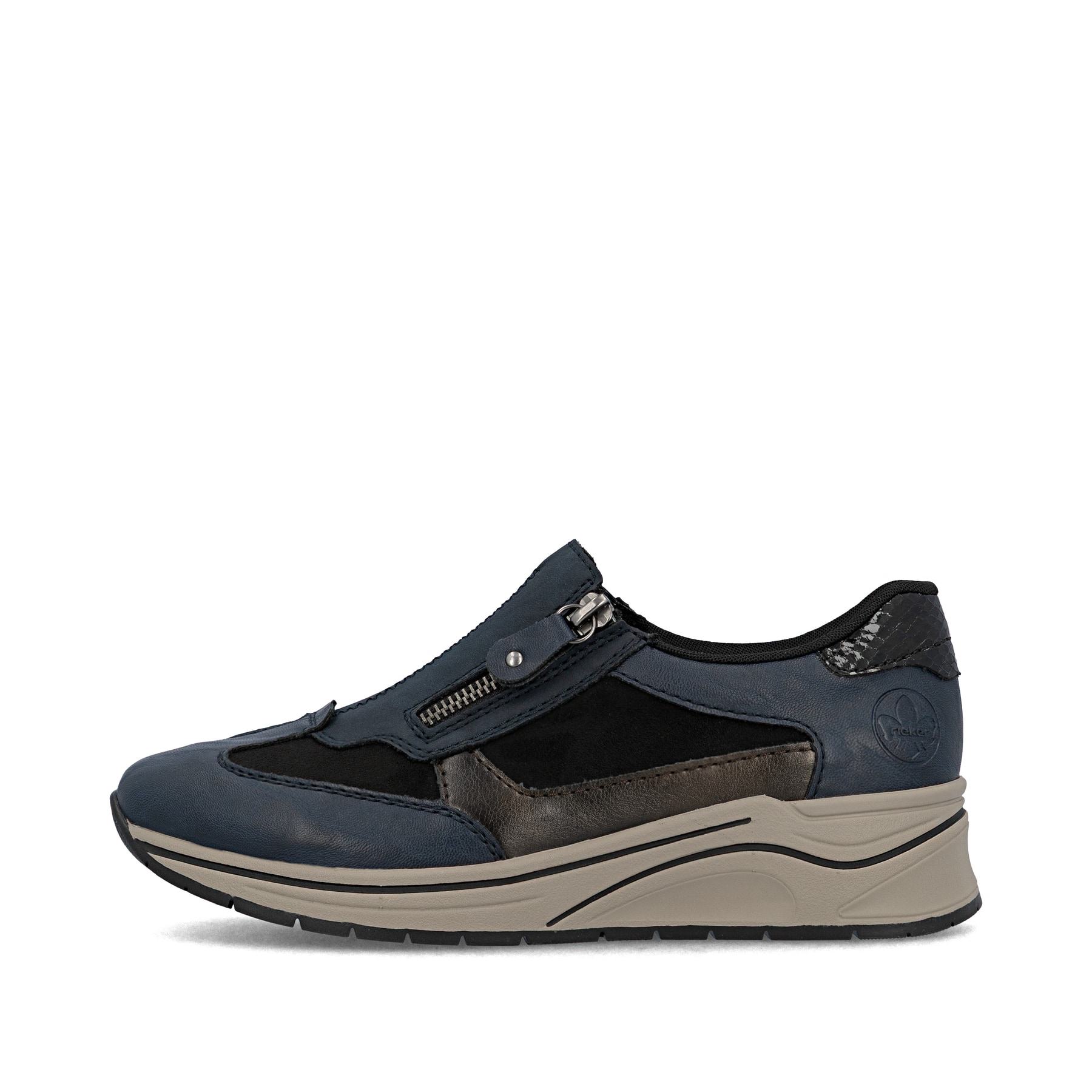 Mocassins Rieker bleus pour femme N9552-14 avec fermeture éclair. Côté extérieur de la chaussure.