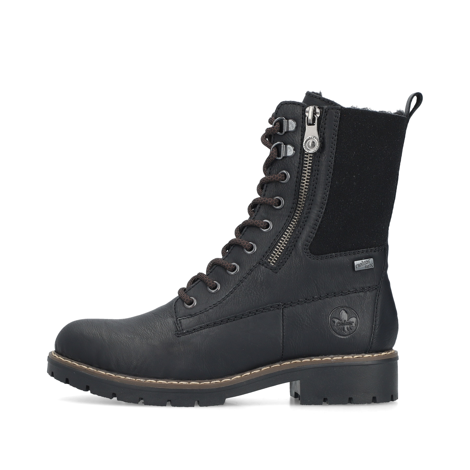 Schwarze Rieker Damen Schnürstiefel Y9151-00 mit wasserabweisender TEX-Membran. Schuh Außenseite.
