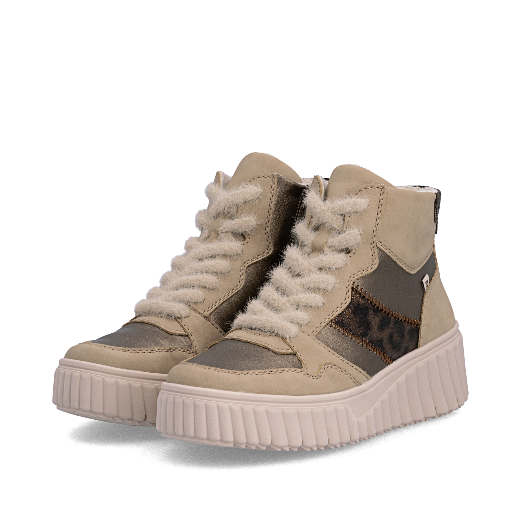 Baskets montantes Rieker beiges femmes N2508-60 avec fermeture éclair. Chaussures inclinées sur le côté.