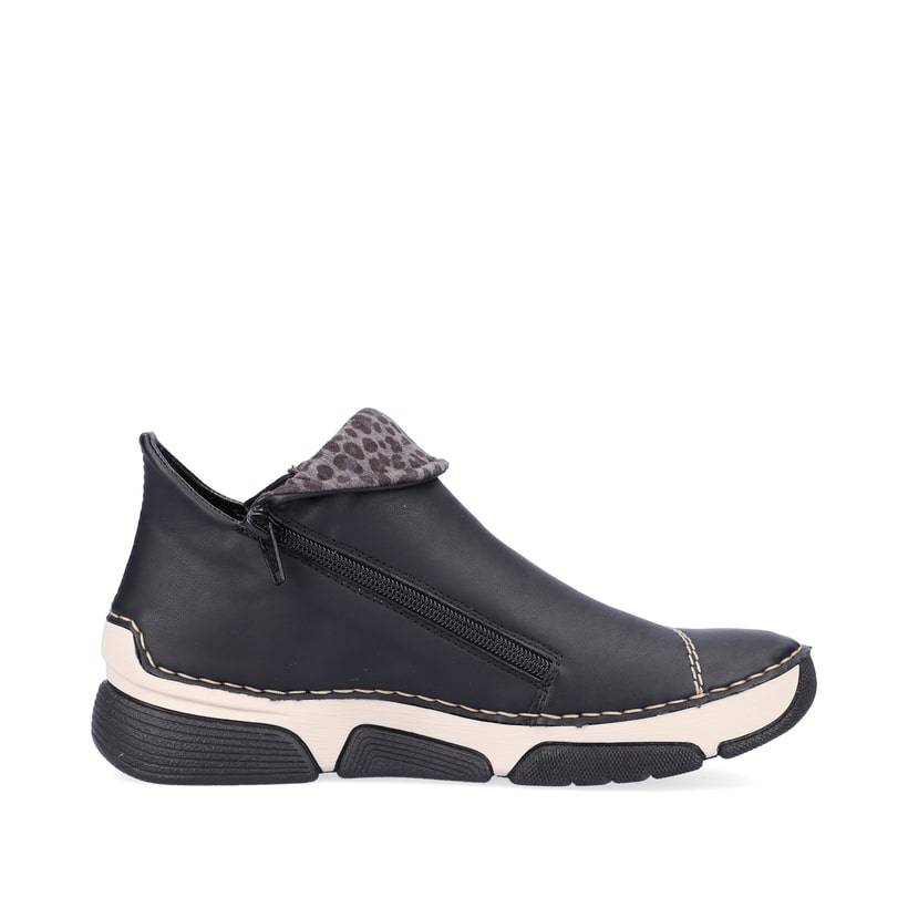 Schwarz-graue Rieker Damen Kurzstiefel 45983-00 mit einem Reißverschluss. Schuh Innenseite.
