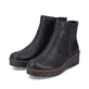 Graphitschwarze Rieker Damen Kurzstiefel X9165-00 mit einem Reißverschluss. Schuhpaar seitlich schräg.