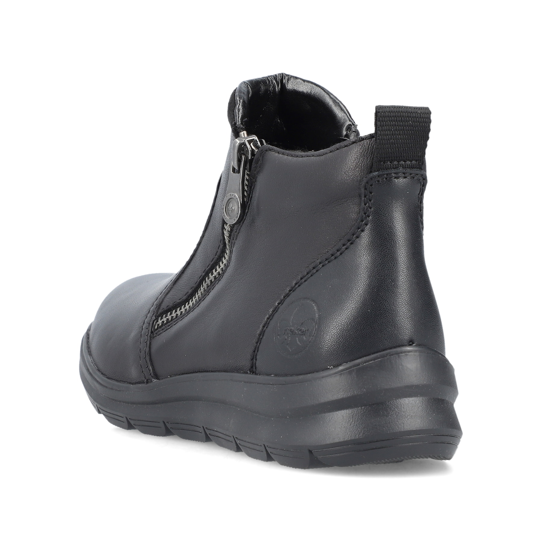 Schwarze Rieker Damen Kurzstiefel Z0060-00 aus Glattleder mit Reißverschluss. Schuh von hinten.