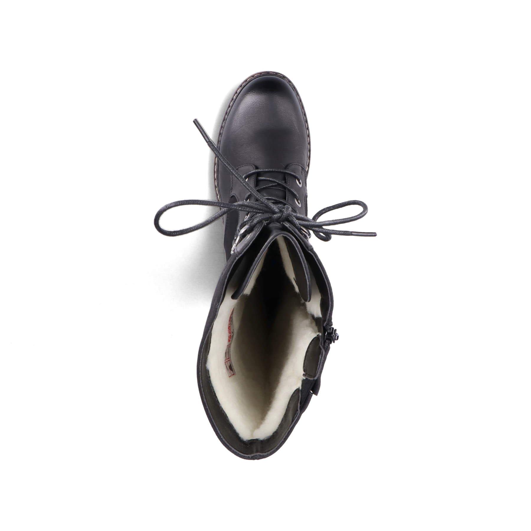 Nachtschwarze Rieker Damen Kurzstiefel 94689-00 mit einer Profilsohle mit Blockabsatz. Schuh seitlich schräg