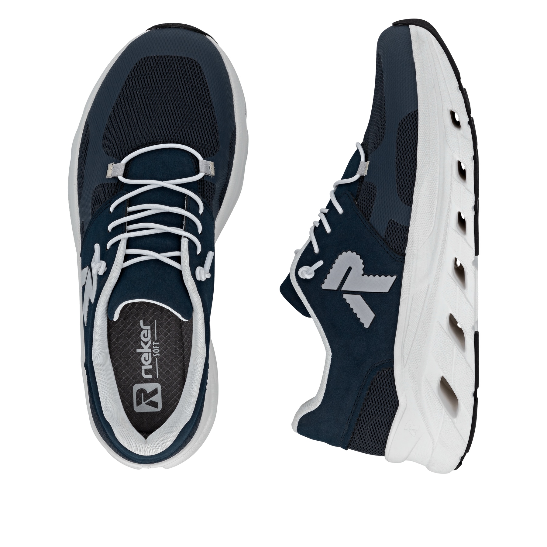 Blaue Rieker Herren Sneaker Low U3500-14 mit Schnürung sowie ultraleichter Sohle. Schuh von oben, liegend.