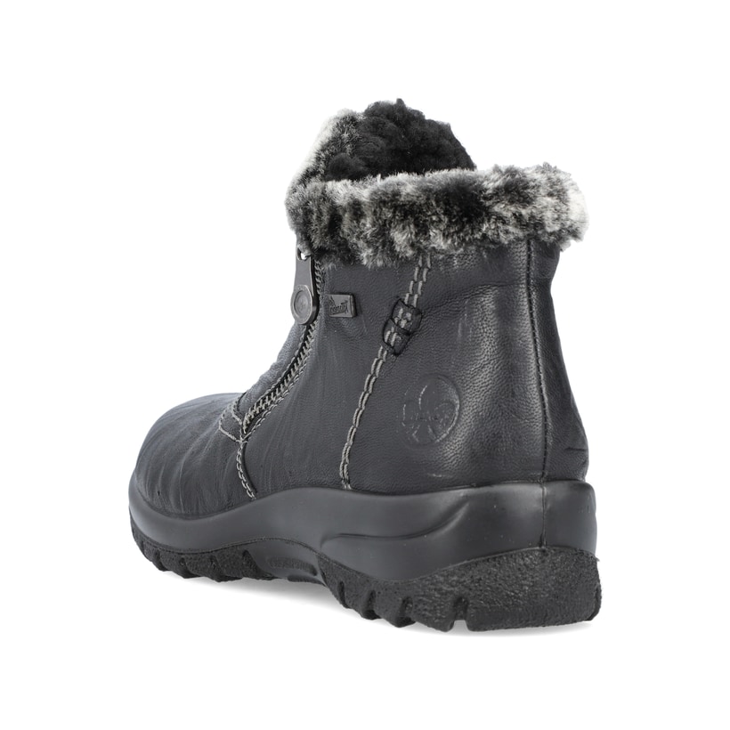 Tiefschwarze Rieker Damen Kurzstiefel L7172-00 mit einer schockabsorbierenden Sohle. Schuh von hinten