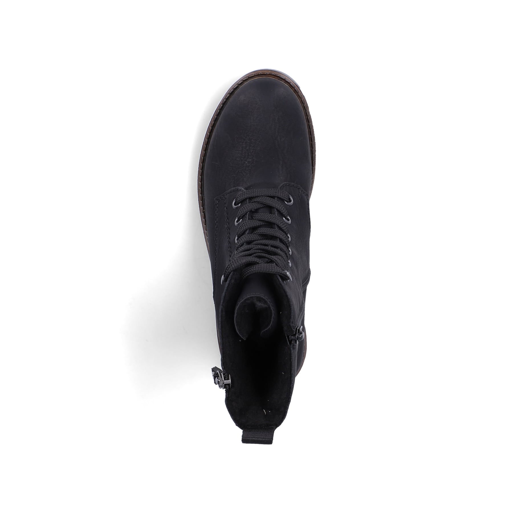 Schwarze Rieker Damen Biker Boots 73210-00 mit einem Reißverschluss. Schuh von oben.