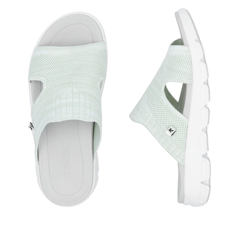 Rosane waschbare Rieker Damen Pantoletten V8451-53 mit einem Gummizug. Schuh von oben, liegend.