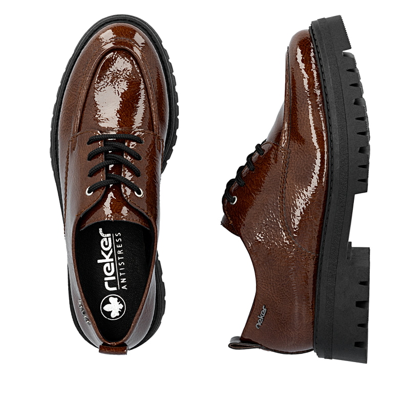 Braune Rieker Damen Schnürschuhe 47500-25 mit einer extra weichen Decksohle. Schuh von oben, liegend.