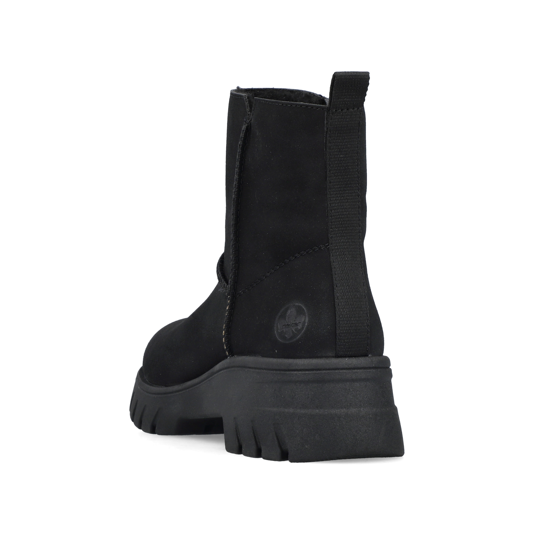 Schwarze Rieker Damen Kurzstiefel 71864-00 mit einem Reißverschluss. Schuh von hinten.