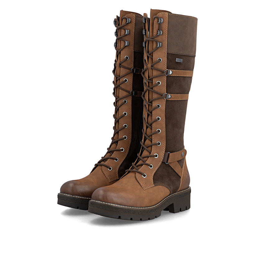 Braune Rieker Damen Schnürstiefel Y8101-25 aus Rauleder. Schuhpaar seitlich schräg.
