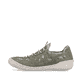 Grüne Rieker Damen Slipper 54560-52 mit Gummizug sowie extra weicher Decksohle. Schuh Außenseite.