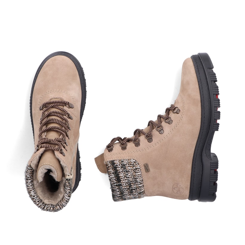 Beige-schwarze Rieker Damen Schnürstiefel X8233-64 aus Rauleder. Schuh von oben, liegend.